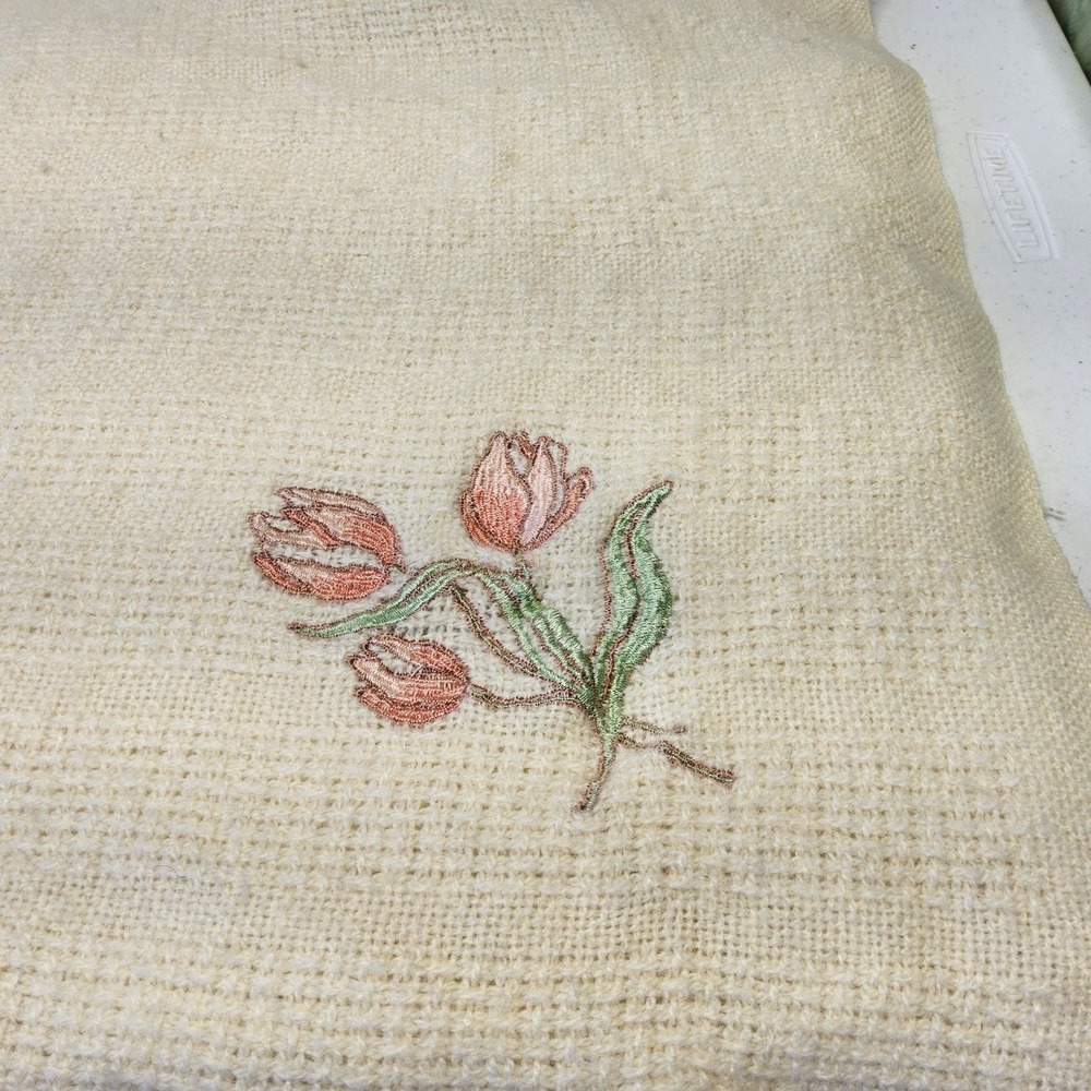 Tulips & Ivory Throw Blanket Unisex Cream Wool Blend Embroidered Pink Floral USA